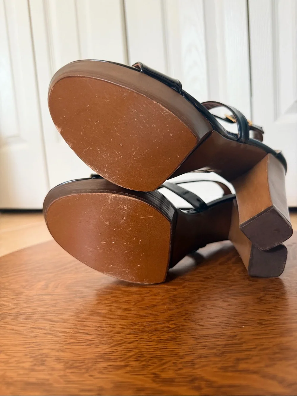 Bettye Muller Retro Black Patent Platform Sandals with Wood-Effect Block 4” Heel